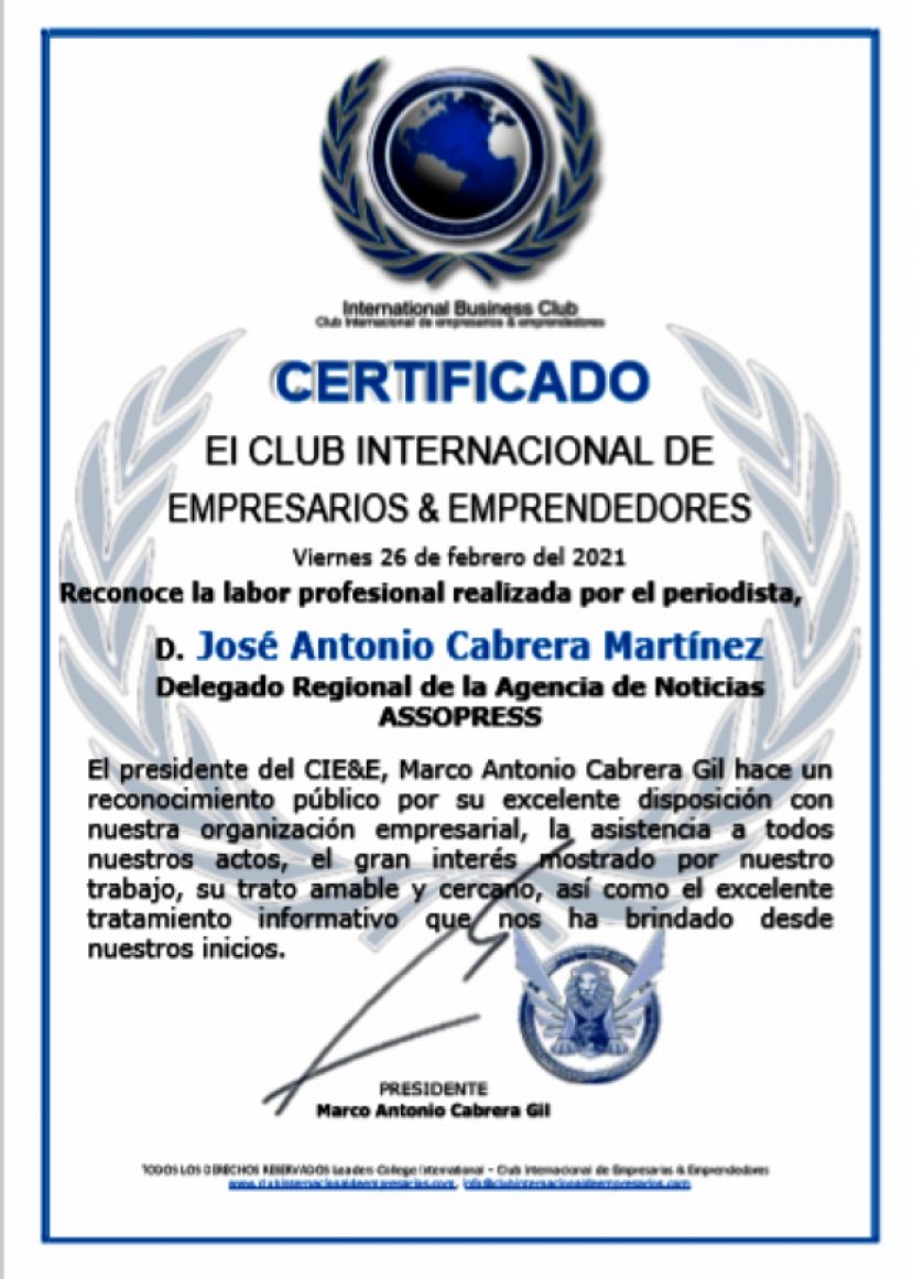 El Club Internacional de Empresarios &amp; Emprendedores distingue a José A. Cabrera