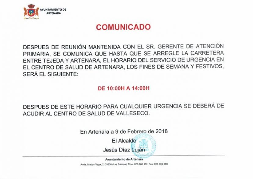 Artenara: Horario provisional del Servicio de Urgencias del Centro de Salud