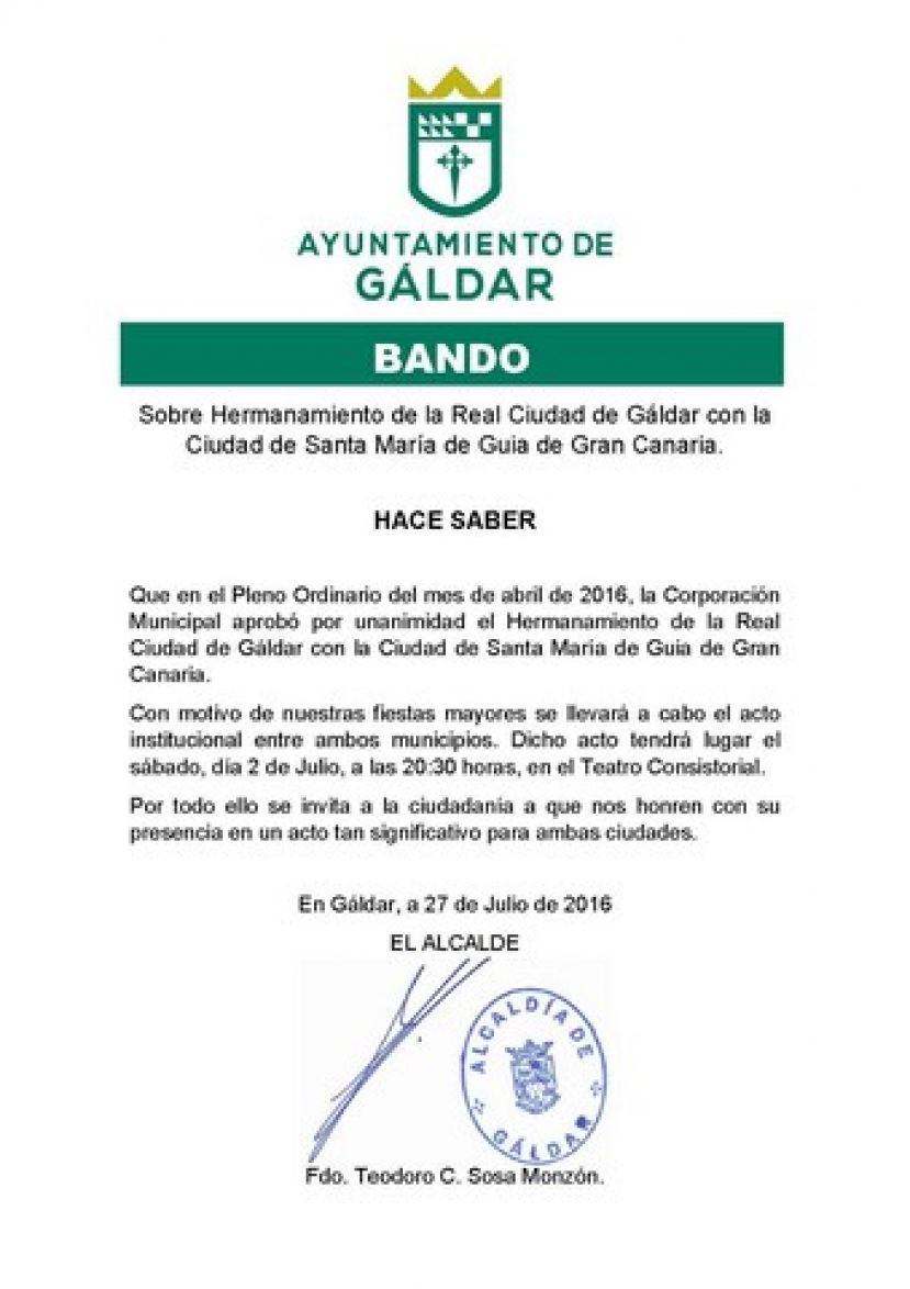 El alcalde de G&aacute;ldar invita a los vecinos al Acto de Hermanamiento con S&ordf; M&ordf; de Gu&iacute;a