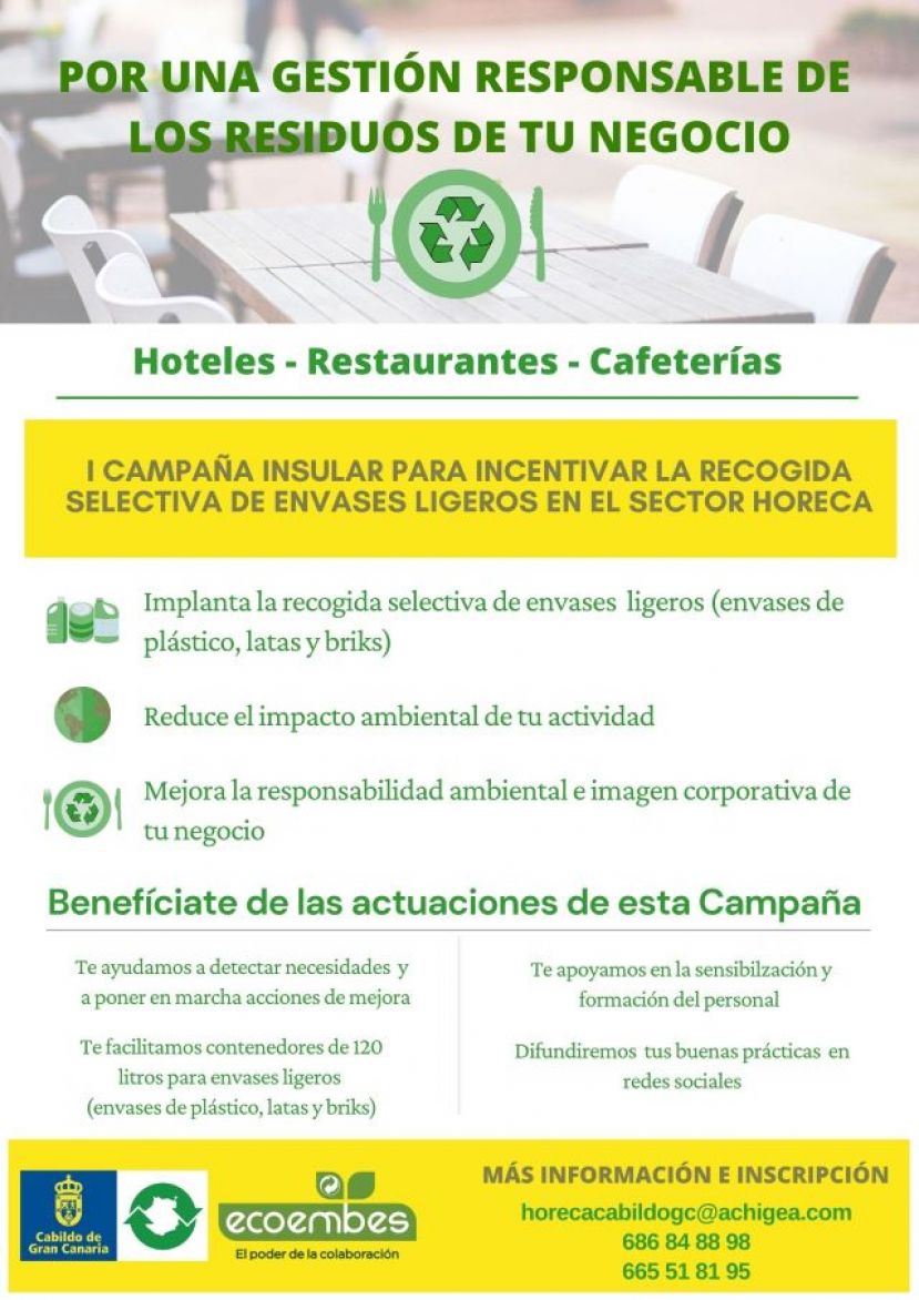 Unos 400 establecimientos HORECA de Gran Canaria participarán en la &quot;I Campaña Insular para incentivar la recogida selectiva de envases ligeros&quot;