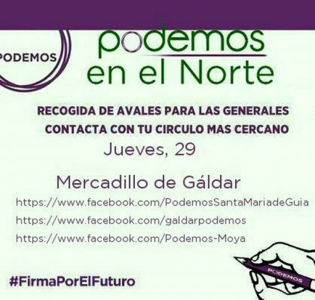 Podemos recoger&aacute; avales el d&iacute;a 29 de octubre en el mercadillo de G&aacute;ldar