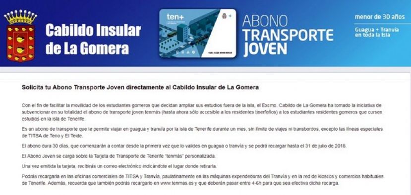 Este viernes finaliza el plazo de solicitud del abono joven para estudiantes gomeros