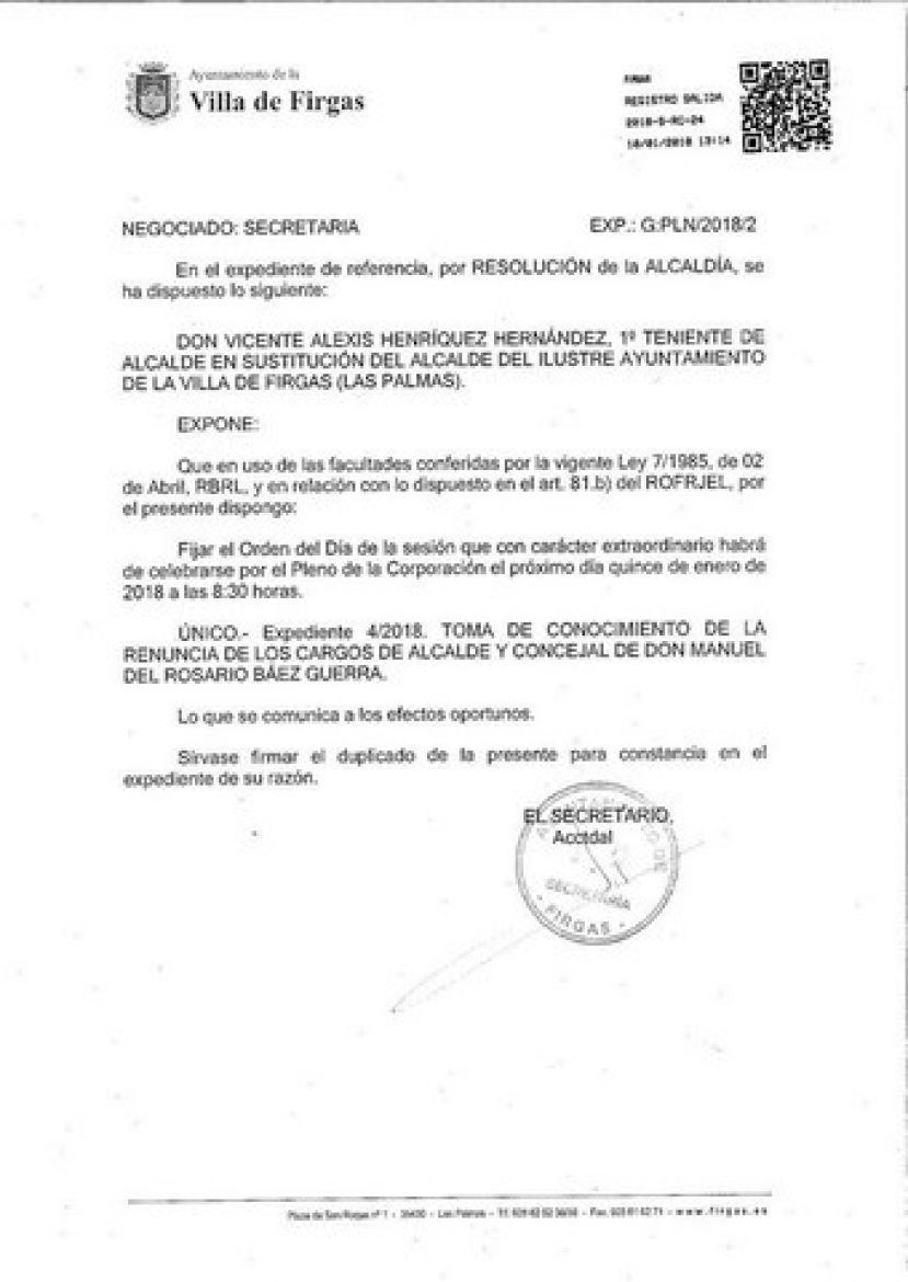 Firgas: Sesión de Pleno con carácter extraordinario sobre renuncia del Alcalde