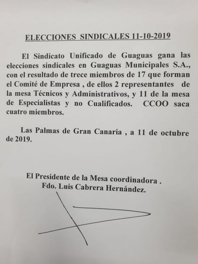 Nota de Prensa del Sindicato Unificado de Guaguas sobre elecciones sindicales