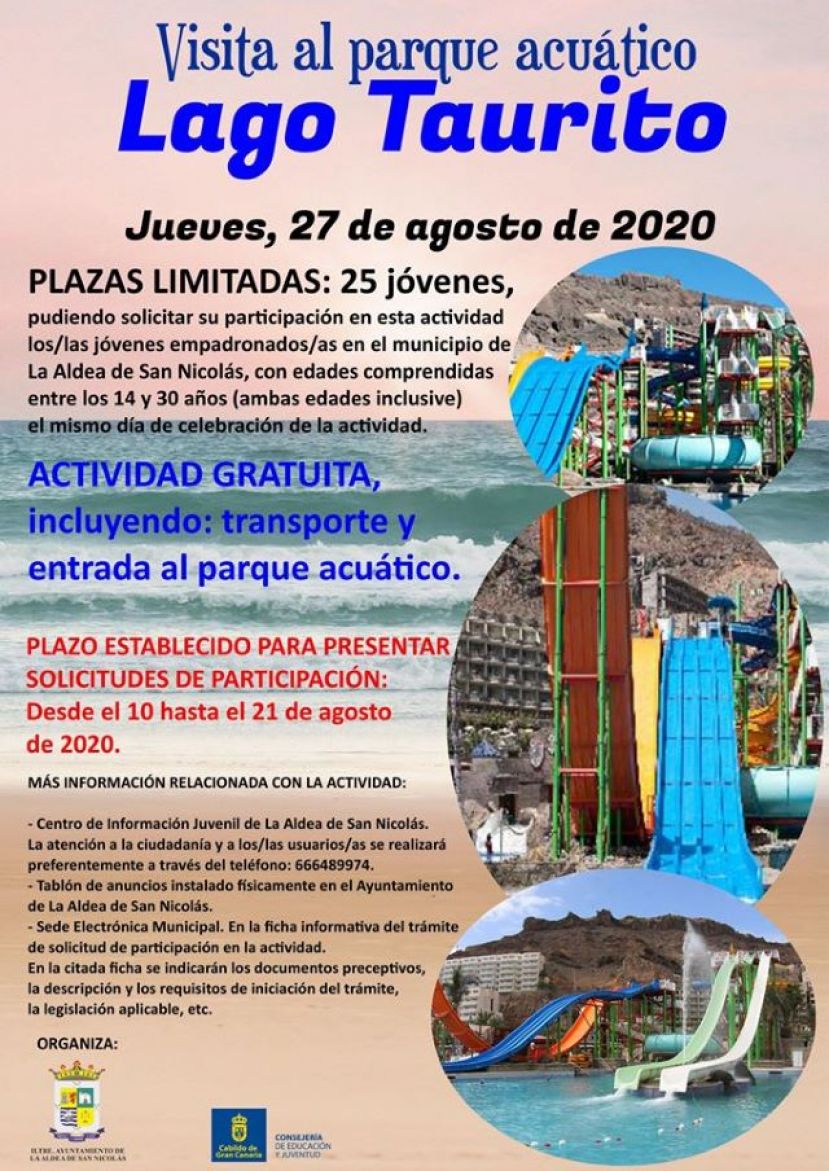 La Aldea: Visita al parque acuático Lago Taurito el próximo jueves 27 de agosto 2020