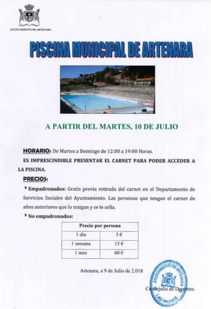 Artenara: La Piscina Municipal abrir&aacute; a partir de hoy, martes 10 de julio
